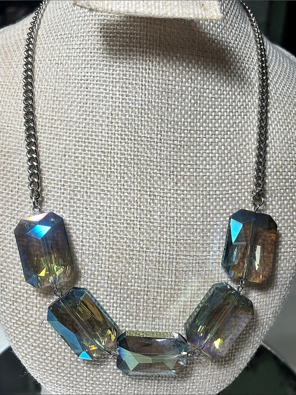 Faceted Statement Necklace in Blue,Green, Gold & others colors when hit with Lig